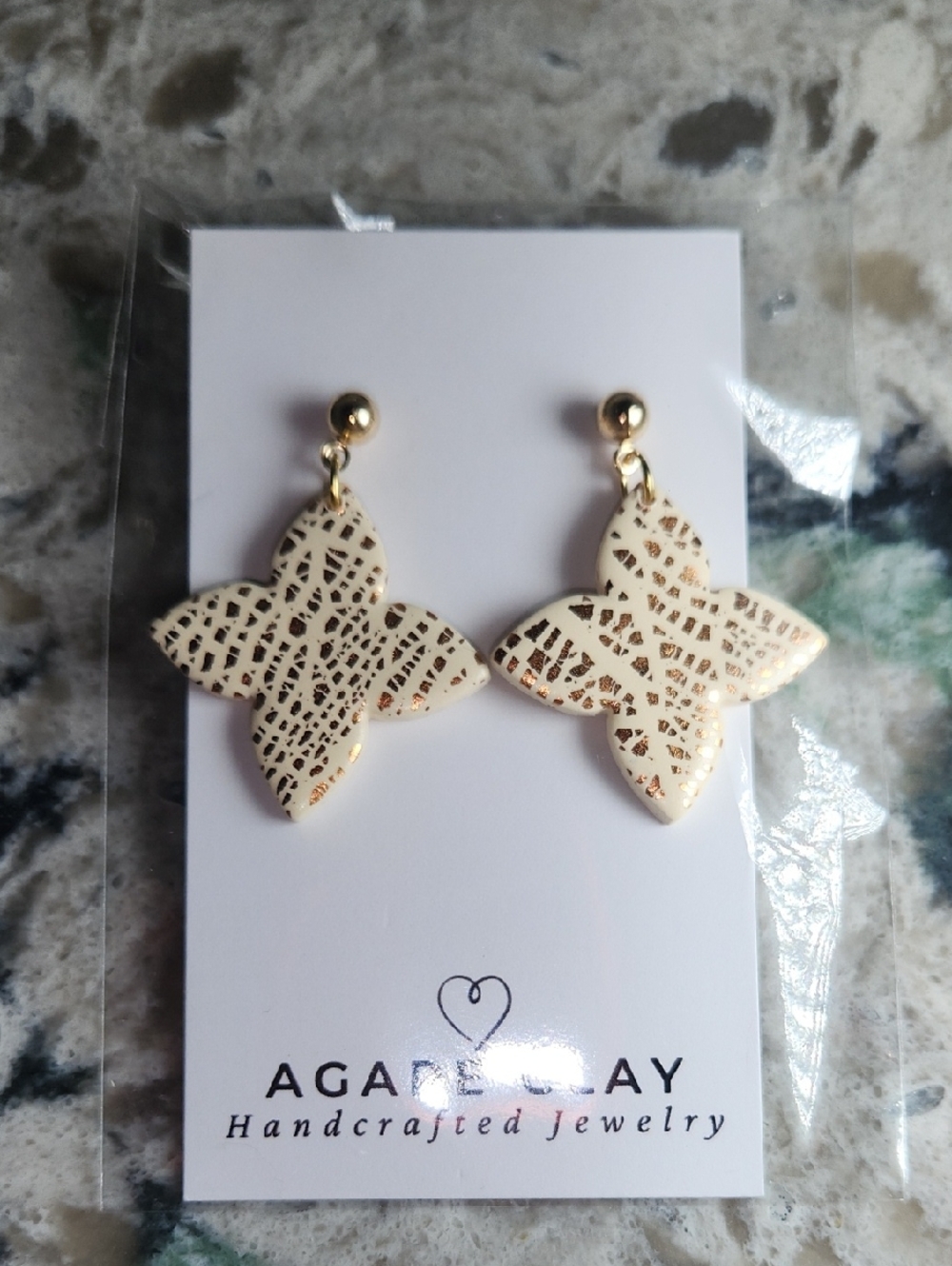 Agape Clay Handcrafted Gold Fleck White Star Floral Earrings